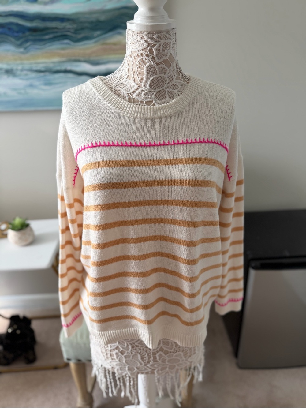 Lilly Pulitzer Women’s Striped Crewneck Sweater - Cream & Tan with Pink Detail